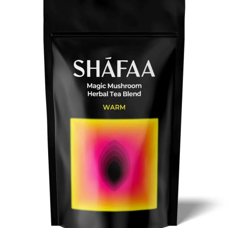 Warm Mushroom Tea Blend front package photo showing the product pouch from 3 Amigos.