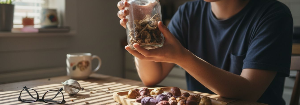 Person comparing dried shrooms and mushroom edibles