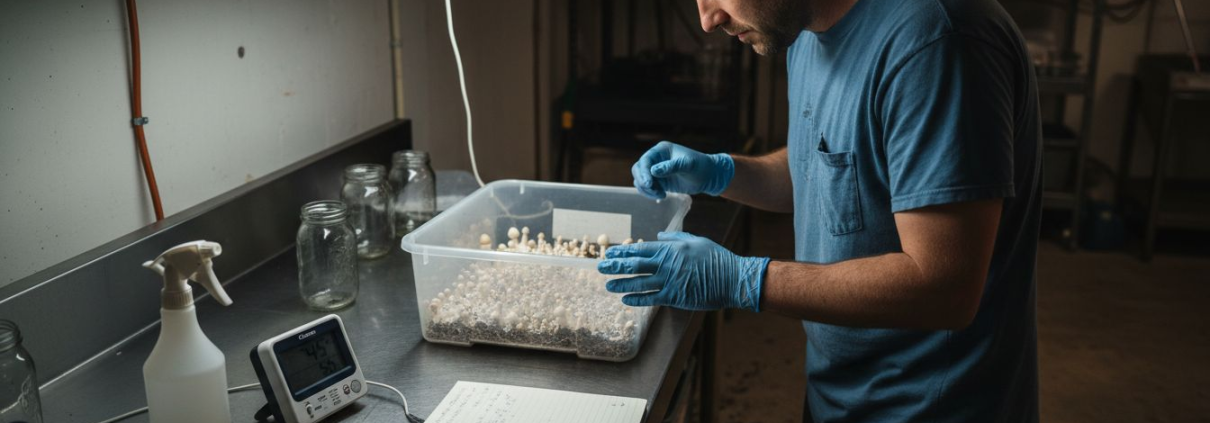 Cultivator examining psilocybin mushrooms in grow room