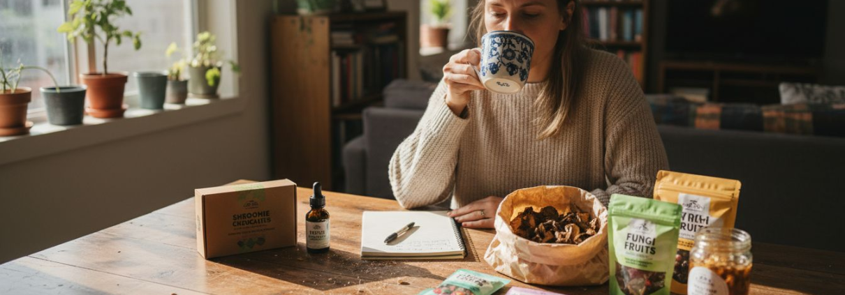 Canadian woman sorting different mushroom edibles