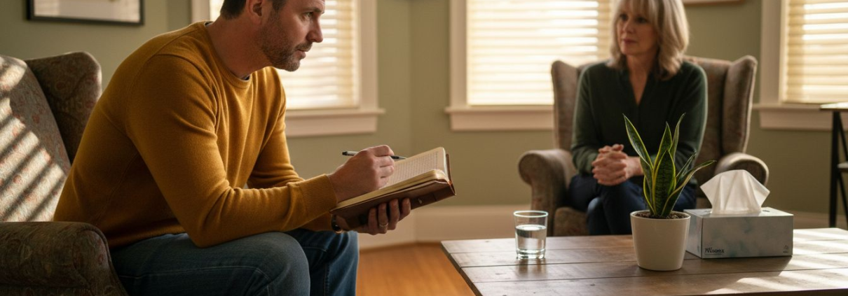 Man and therapist in psilocybin session living room