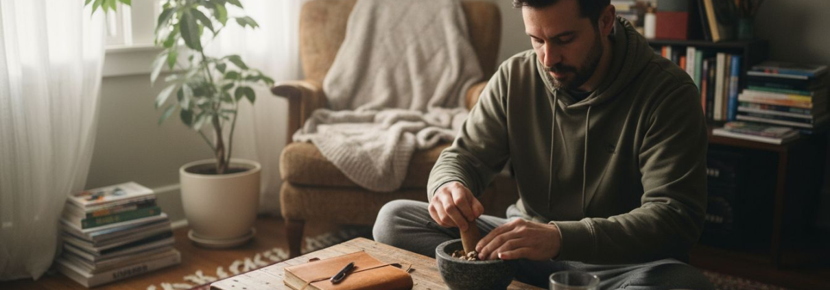 Person preparing psilocybin in home setting