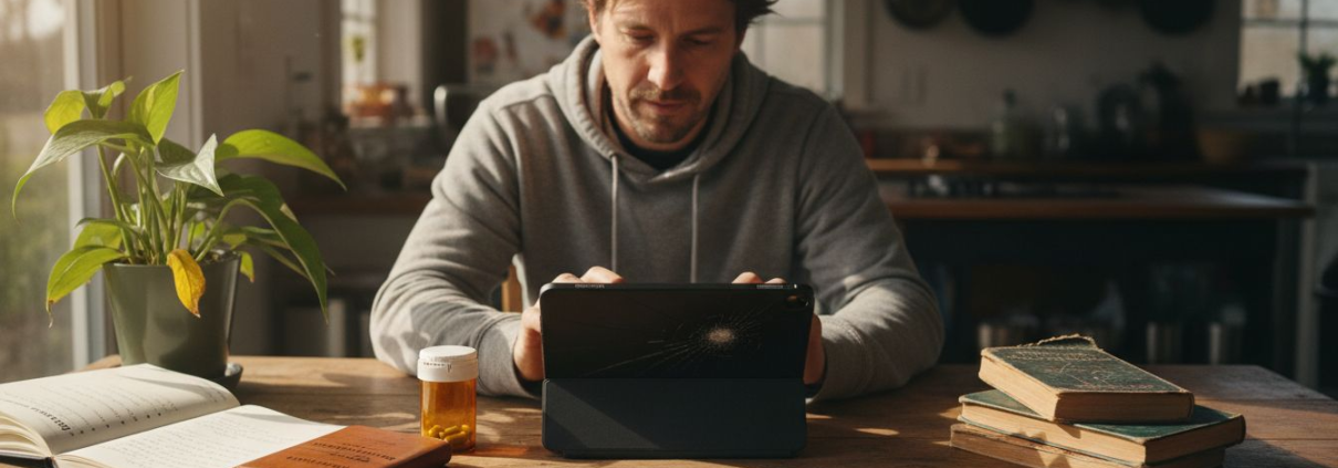 Man journaling microdose experience at kitchen table