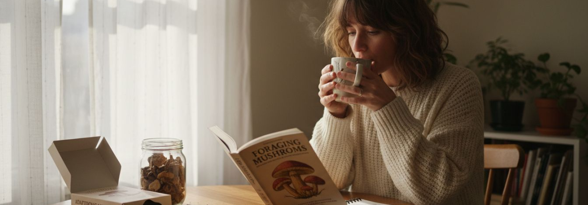 Woman reading about mushroom edibles at kitchen table