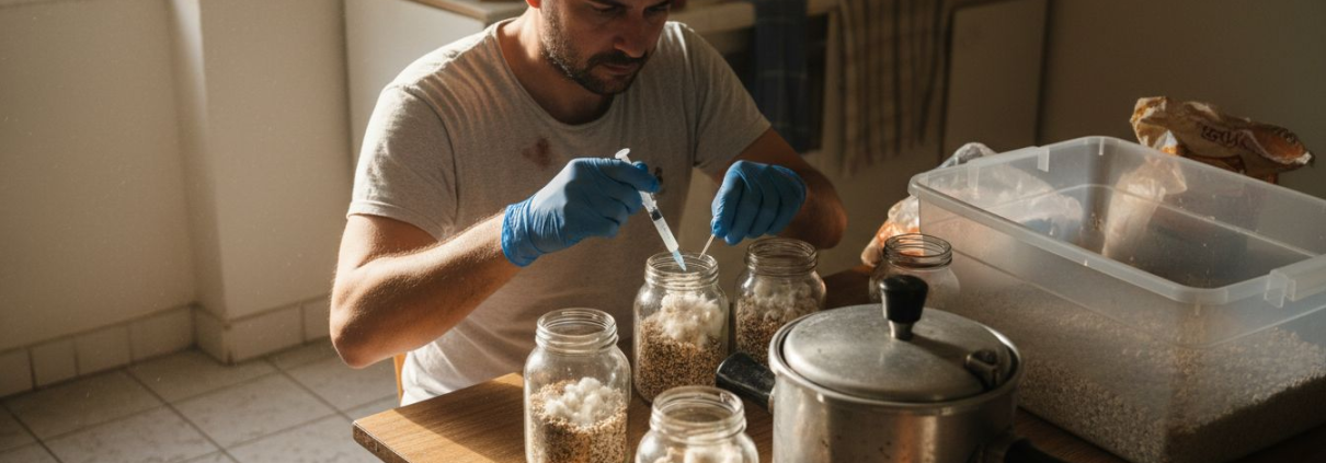 Man inoculating mushroom jars in kitchen workspace