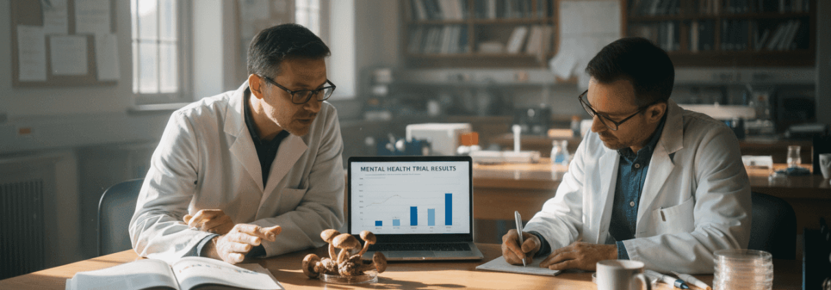 Researchers discussing psilocybin study results