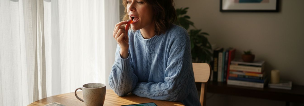 Woman taking mushroom gummy in sunlight