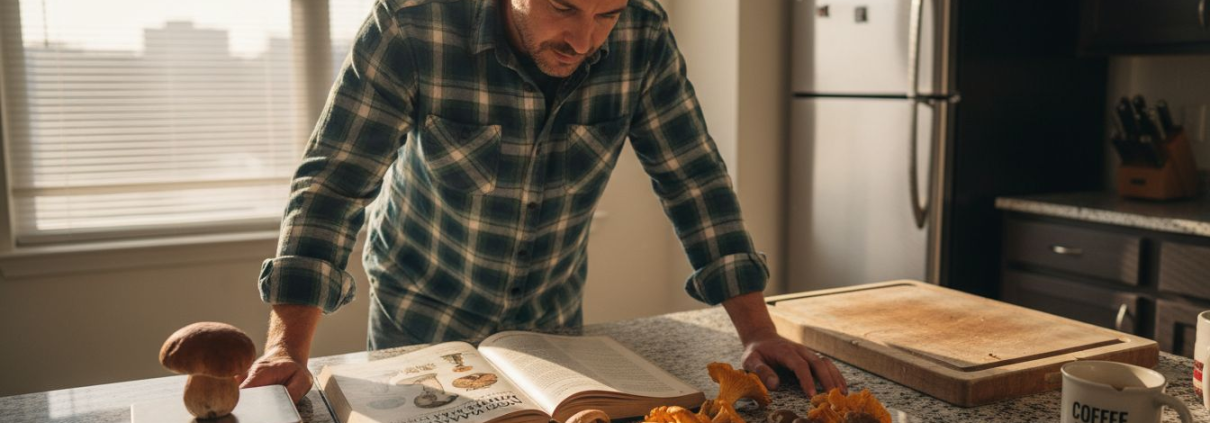 Man inspecting mushrooms at kitchen counter