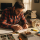 Man referencing mushroom potency guides at cluttered desk