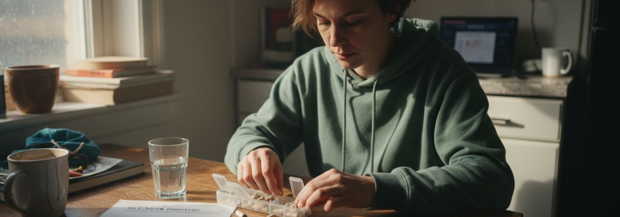 Woman sorting mushroom capsules in kitchen