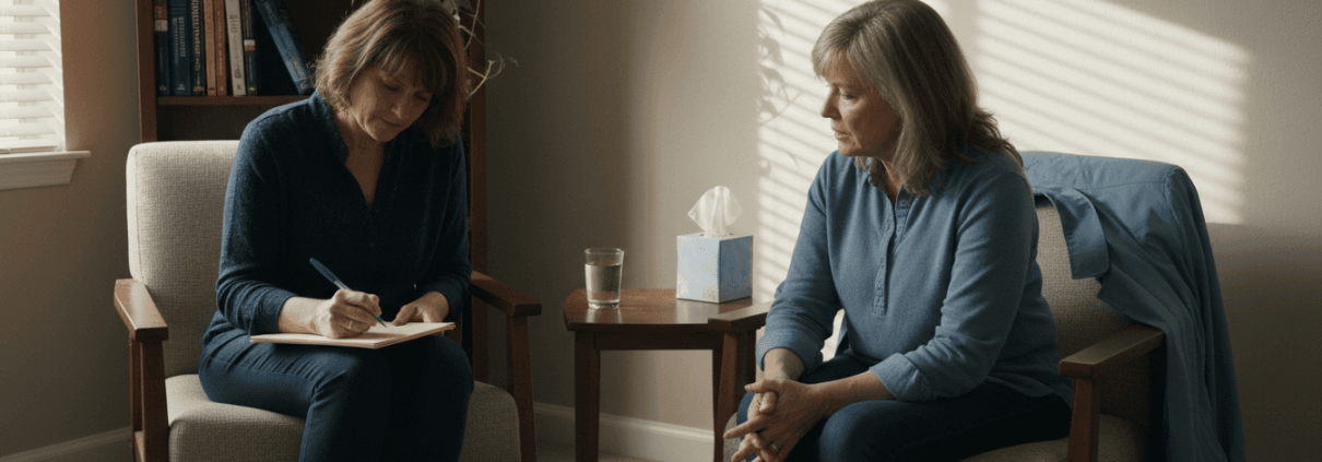 Therapist and patient in clinical discussion