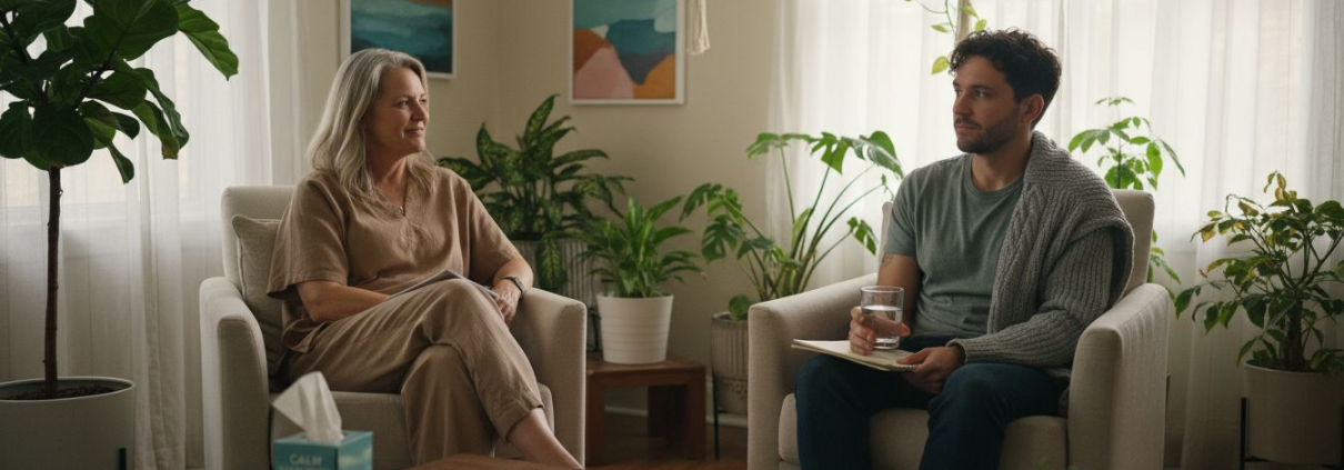 Therapist and patient in cozy counseling room