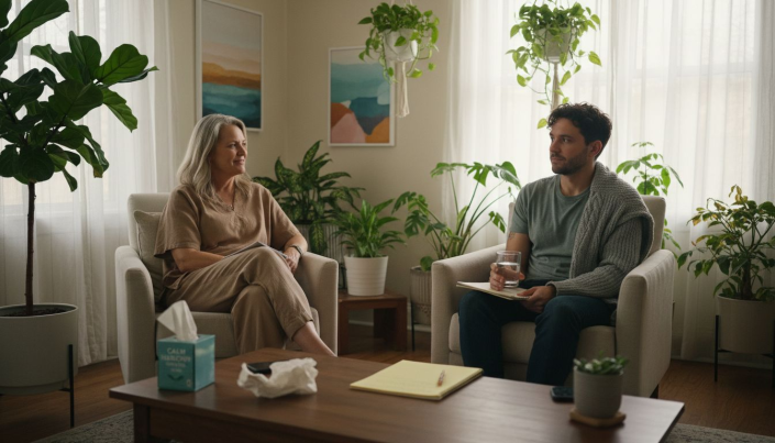 Therapist and patient in cozy counseling room