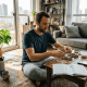 Man organizing psilocybin on living room table