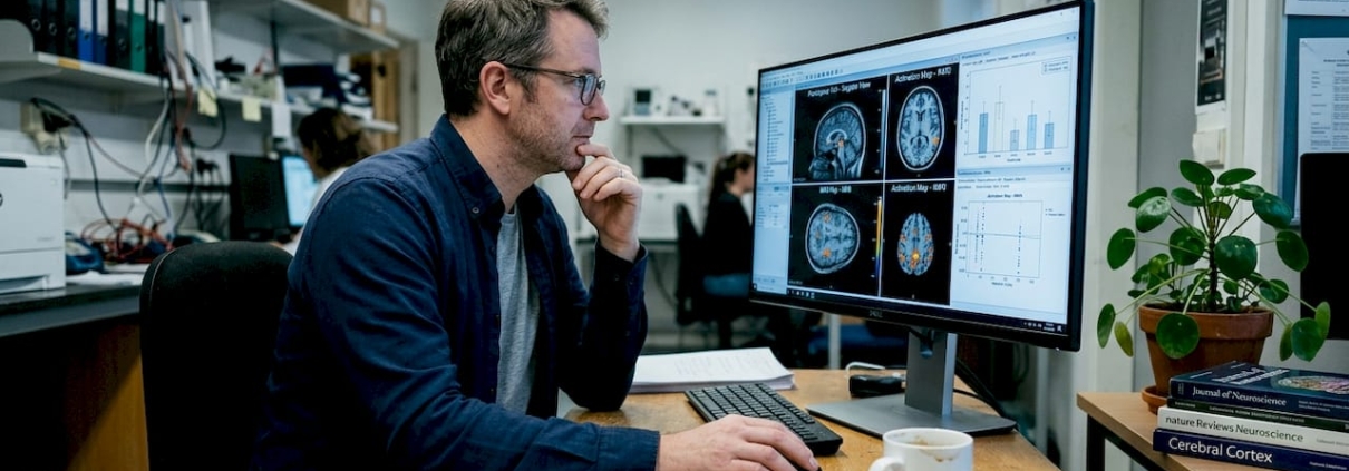 Scientist reviewing brain scan for psilocybin research