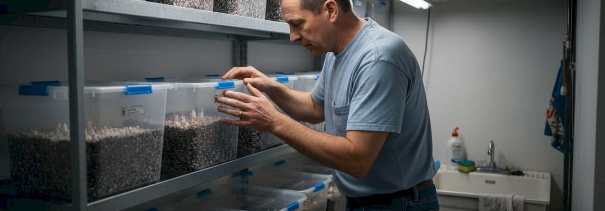 Hobbyist inspecting monotub mushroom containers