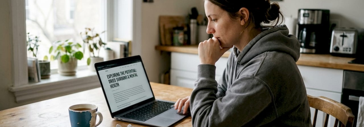 Person reading dried shrooms mental health article