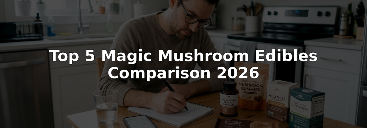 Reviewer comparing magic mushroom edibles at kitchen table