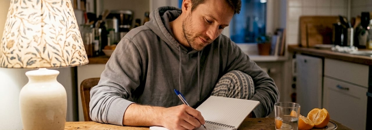 Man journaling about psilocybin experience at kitchen table