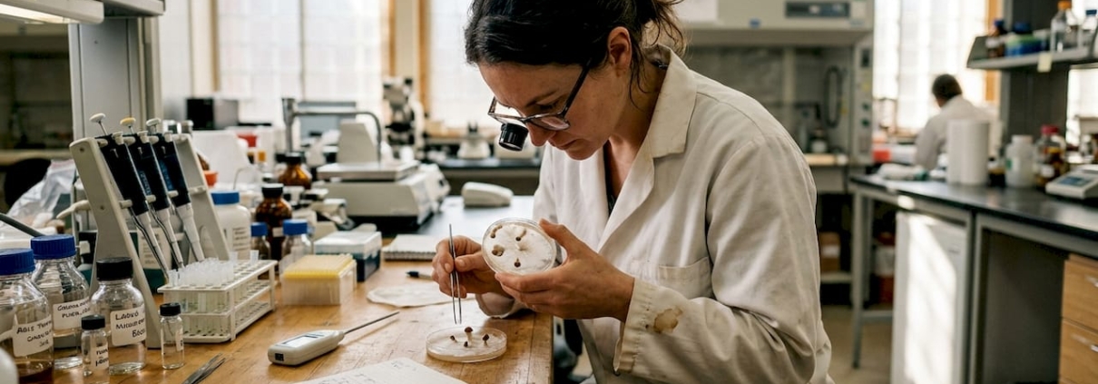 Researcher examining mycelium growth in lab dish