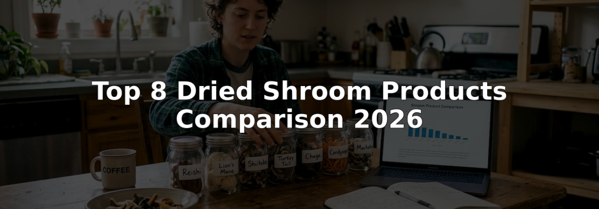 Person comparing eight dried mushroom samples at kitchen table