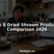 Person comparing eight dried mushroom samples at kitchen table