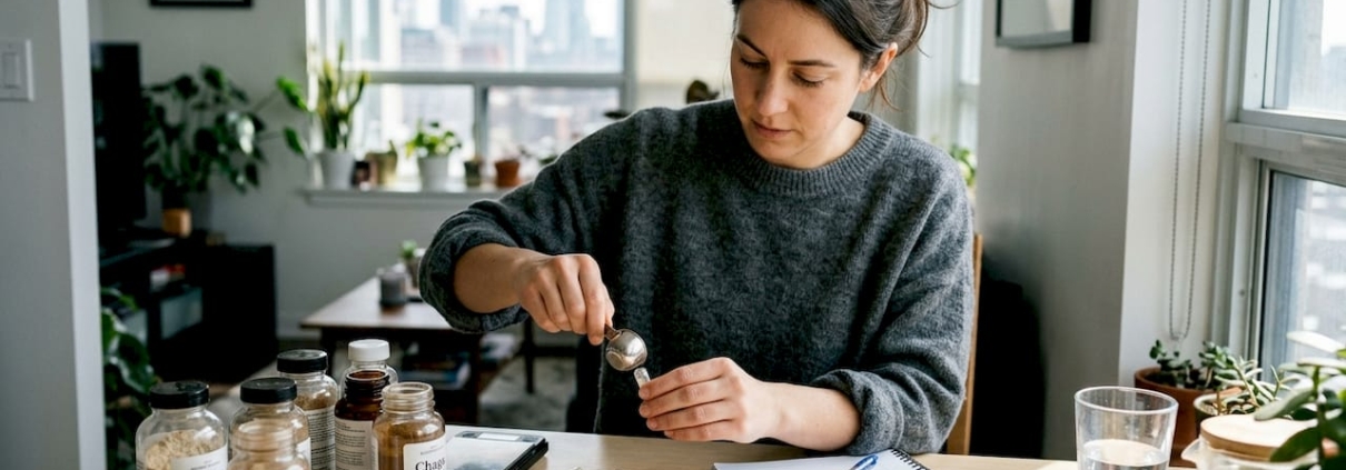 Woman filling mushroom capsules at a kitchen table
