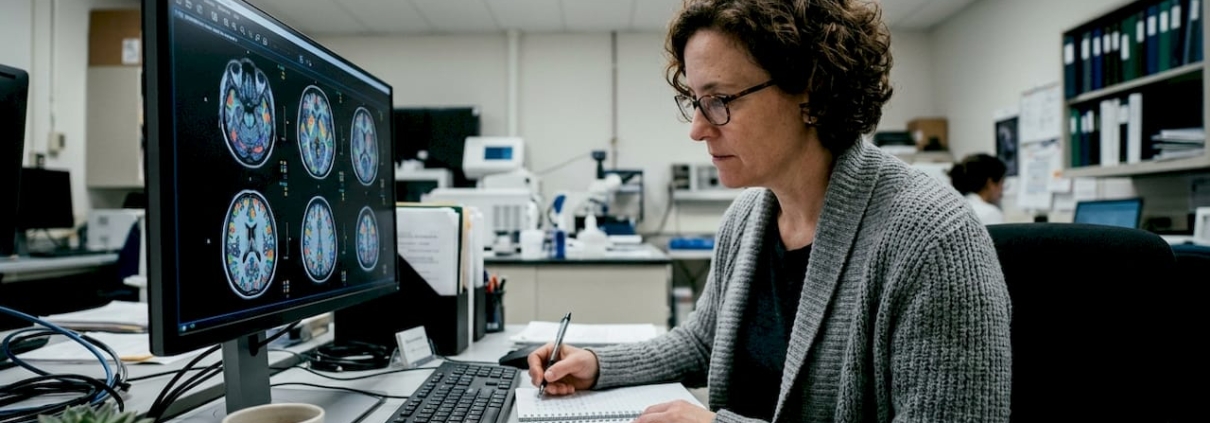 Scientist reviewing brain scans in research lab