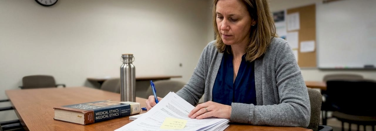 Researcher studying consent forms at meeting table
