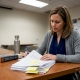 Researcher studying consent forms at meeting table