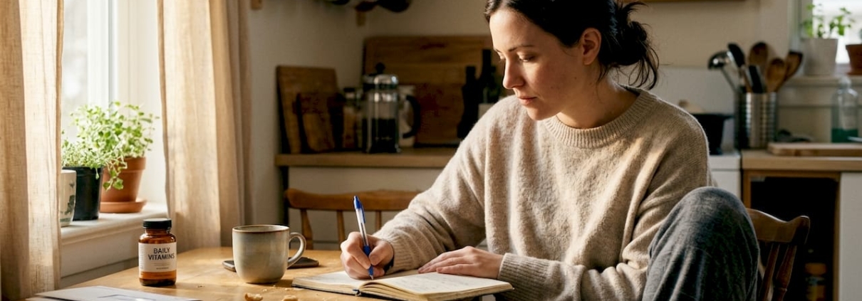 Woman journaling intentions at kitchen table