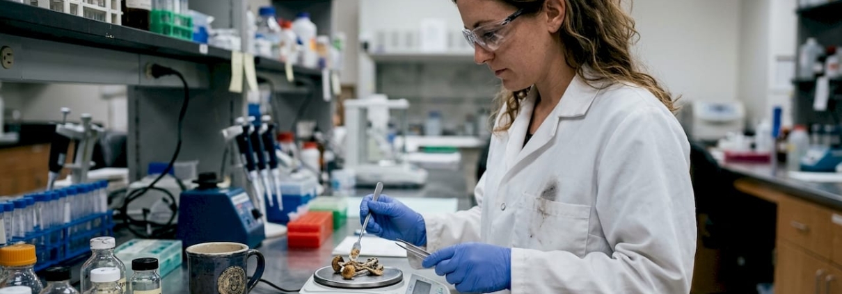 Lab technician analyzing mushroom samples for potency