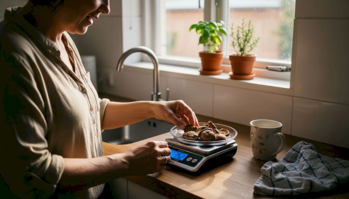 Weighing dried mushrooms at kitchen counter