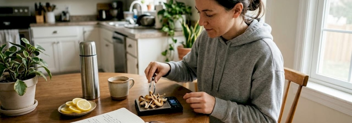 Preparing dried mushrooms at kitchen table