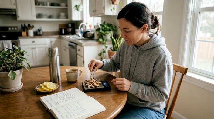 Preparing dried mushrooms at kitchen table
