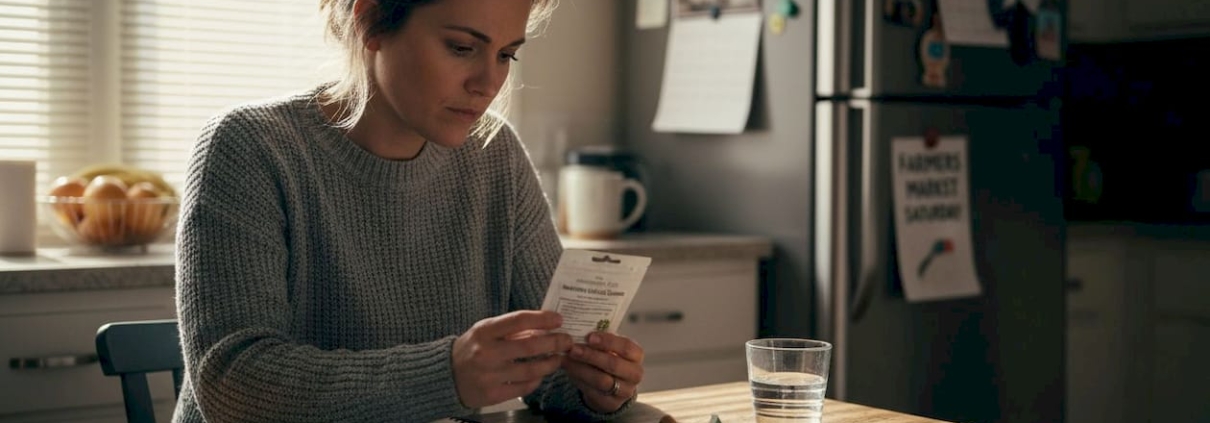Woman reading mushroom edibles label at table