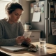 Woman reading mushroom edibles label at table