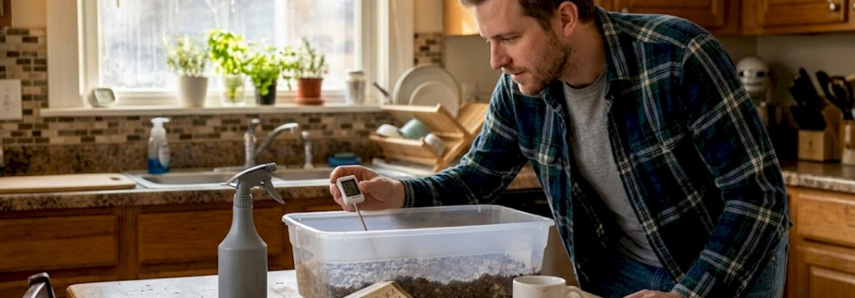 Home mushroom grower checking fruiting bin