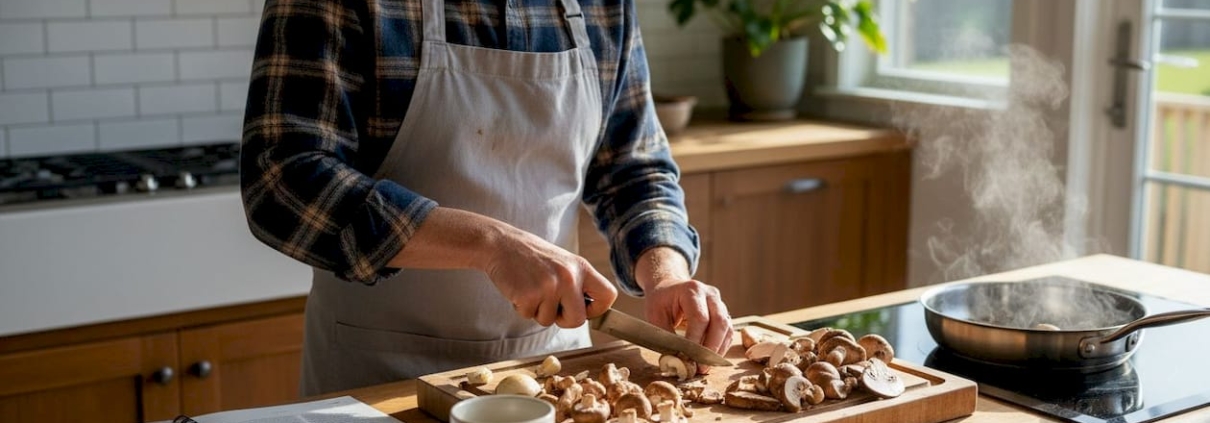Home chef preparing mushrooms in kitchen