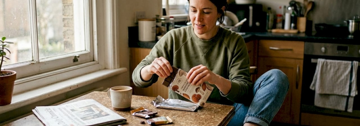 Woman preparing mushroom chocolate squares kitchen