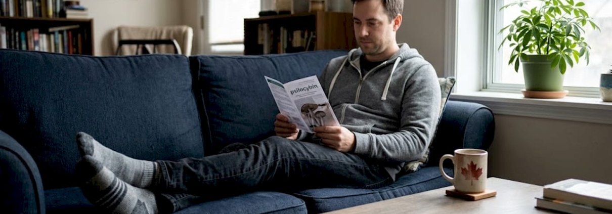 Man reading psilocybin pamphlet in Canadian living room