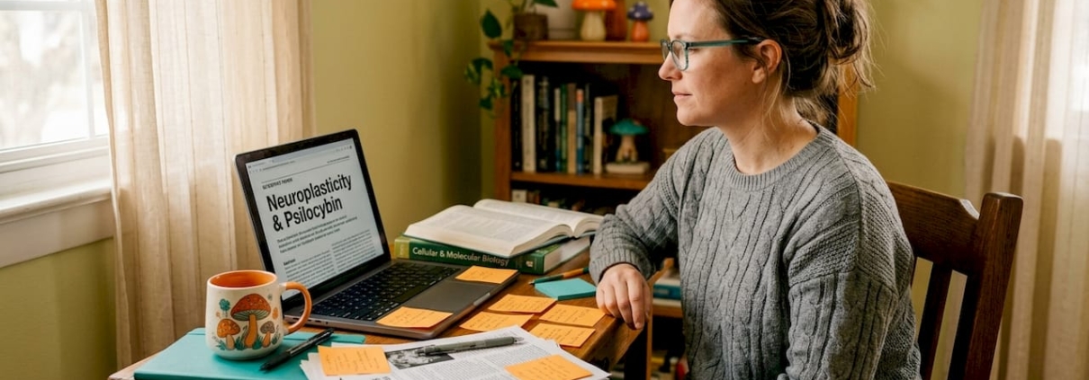 Woman studying psilocybin research at home desk