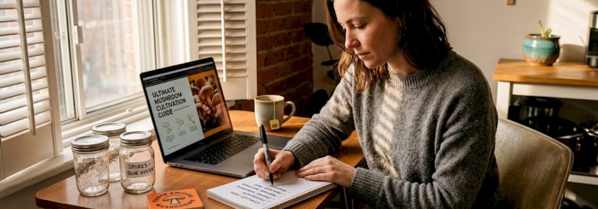 Woman preparing mushroom cultivation checklist