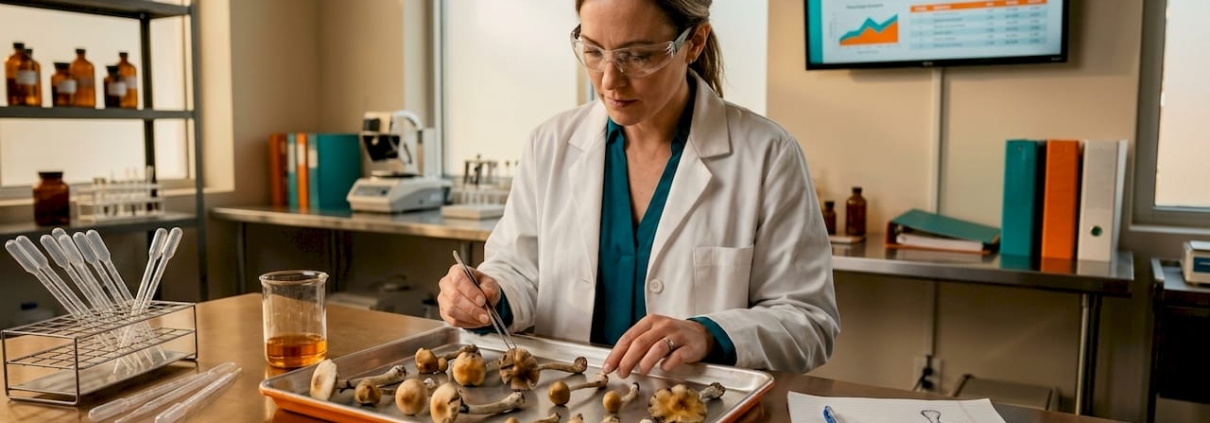 Scientist analyzing mushrooms at laboratory desk