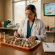 Scientist analyzing mushrooms at laboratory desk
