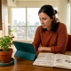 Woman researching legal mushroom cultivation at table