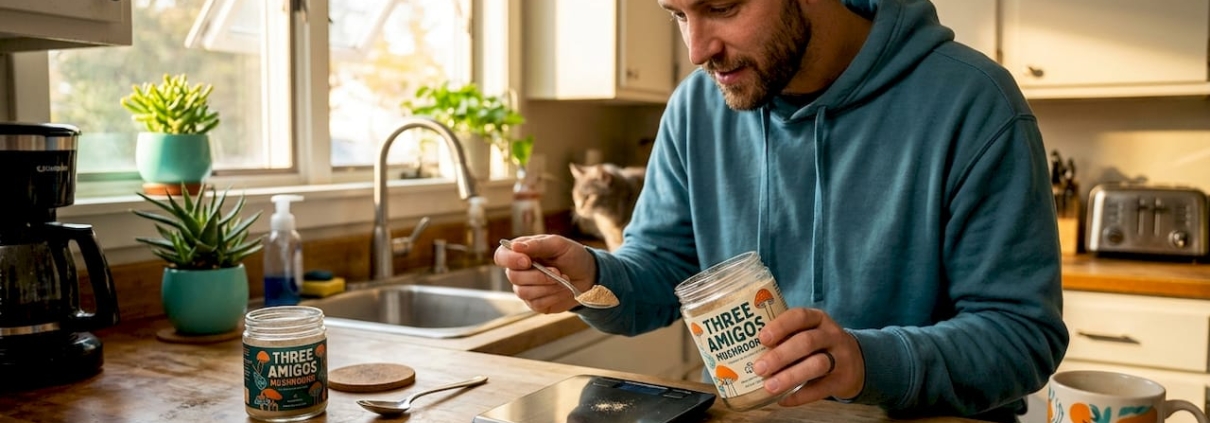 Man preparing supplement stack in kitchen