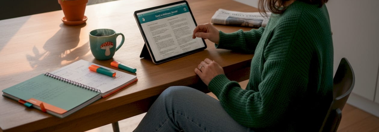 Woman studying psilocybin research at kitchen table