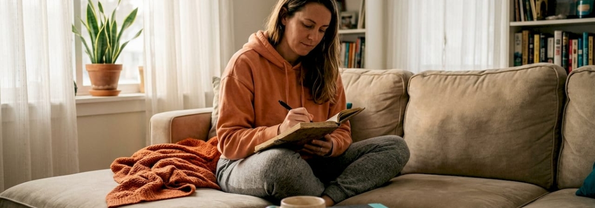 Woman journaling on sofa in bright living room
