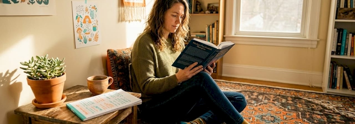 Woman reading about psychedelic blends at home